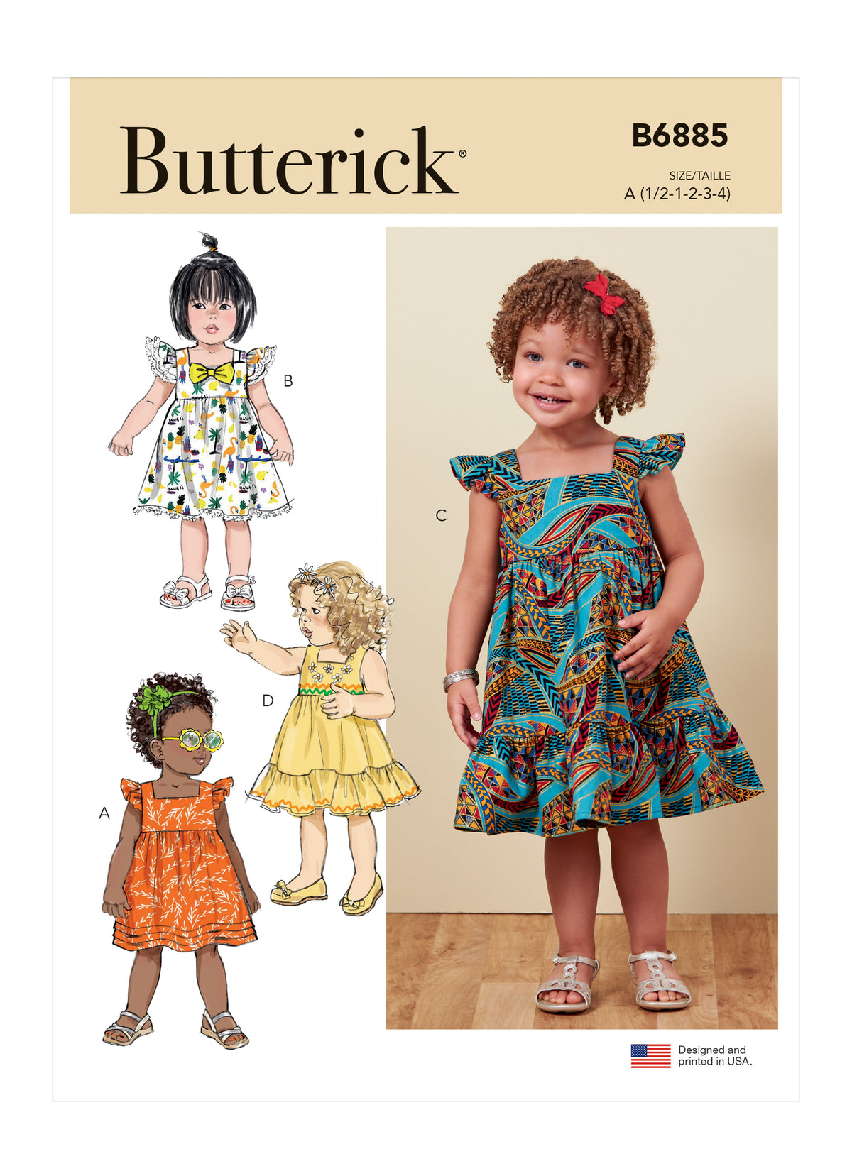 Butterick B6885 sewing pattern envelope showing toddler high waist dress designs