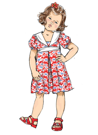Butterick B6886 sewing pattern envelope showing children's a-line dress designs