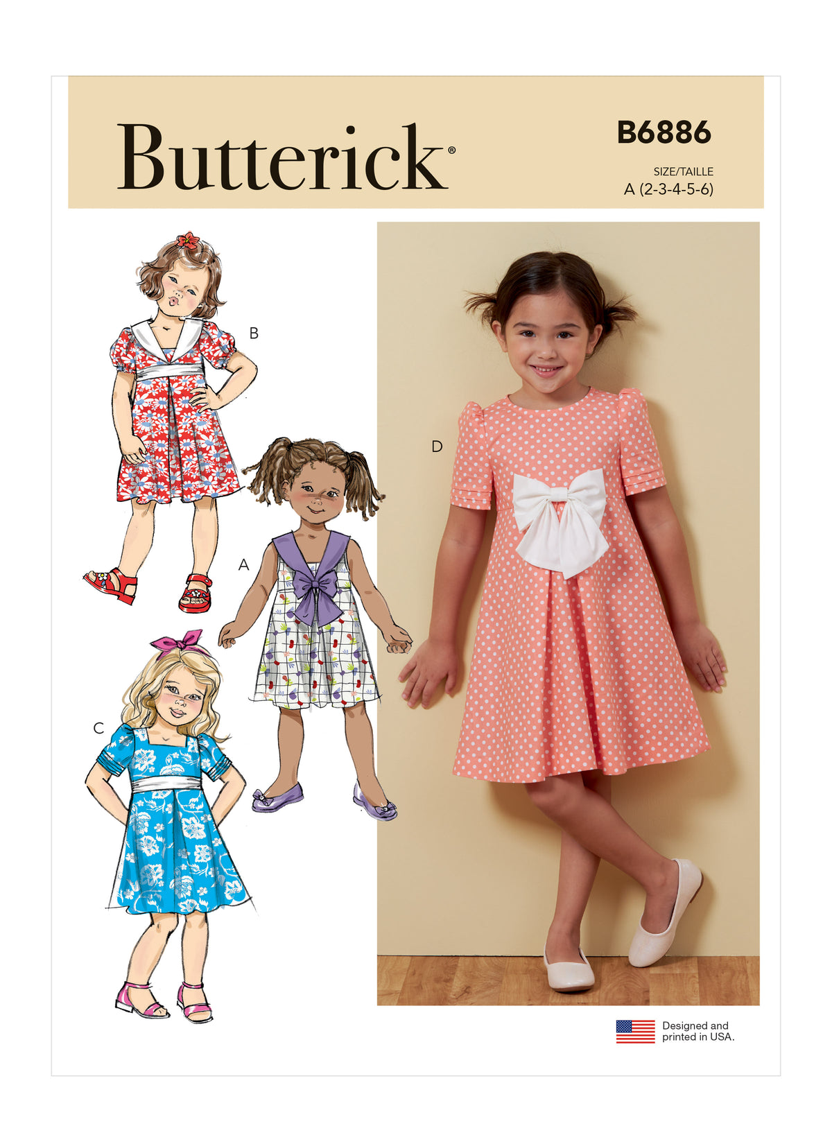 Butterick B6886 sewing pattern envelope showing children's a-line dress designs