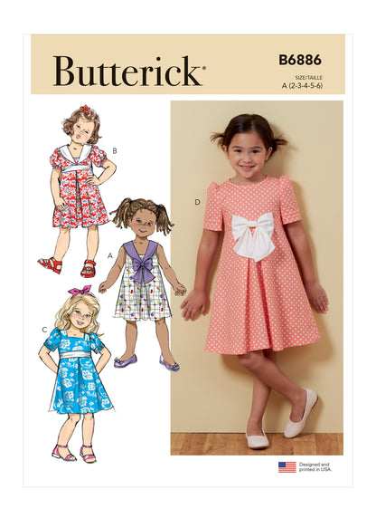 Butterick B6886 sewing pattern envelope showing children's a-line dress designs