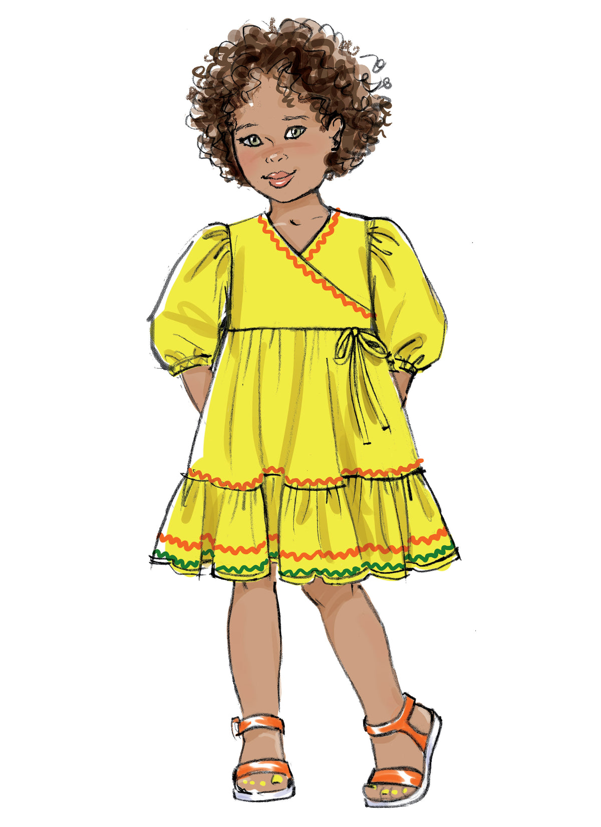 Butterick B6887 sewing pattern envelope showing children's faux wrap dress designs