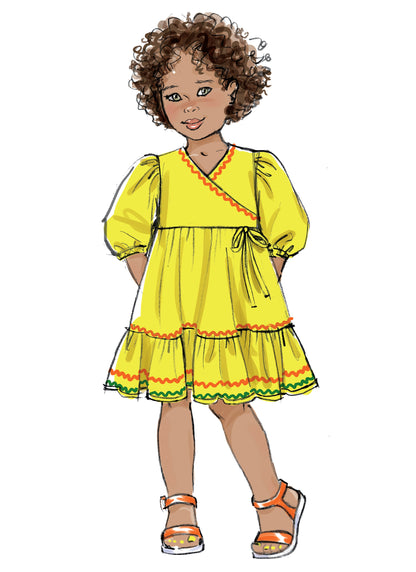 Butterick B6887 sewing pattern envelope showing children's faux wrap dress designs
