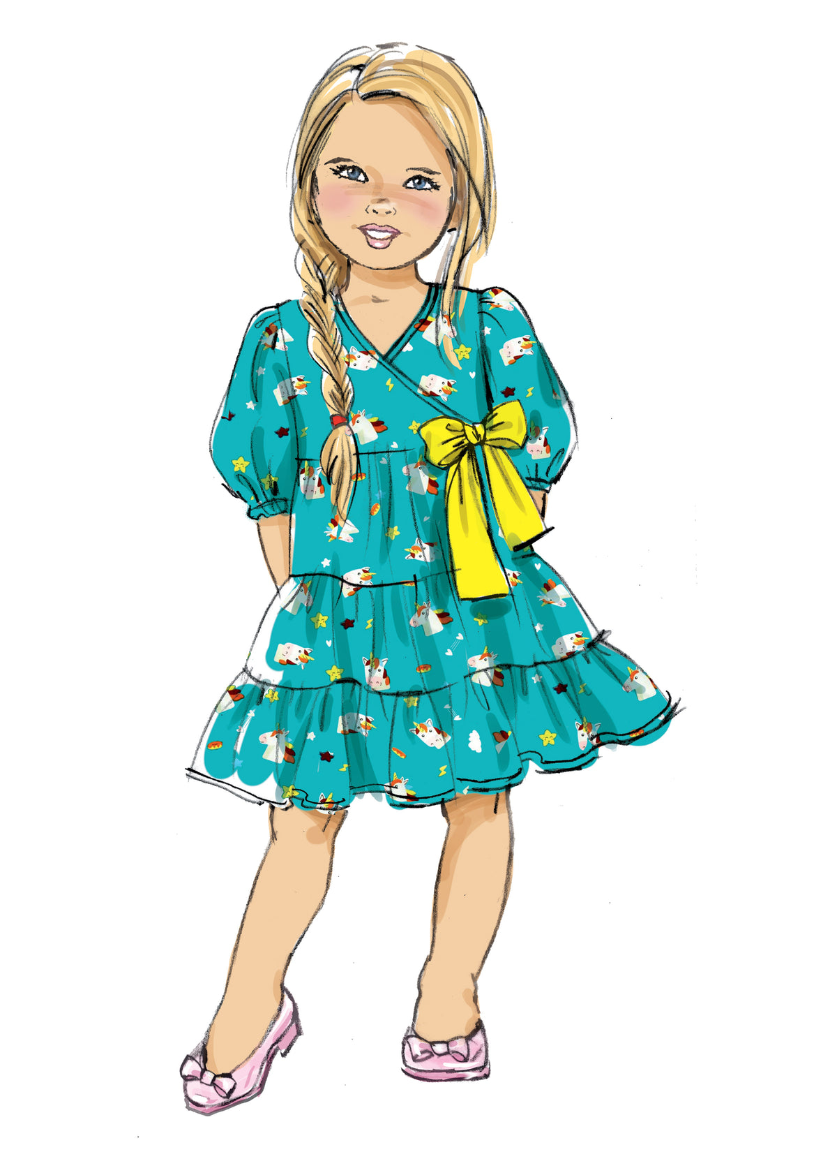 Butterick B6887 sewing pattern envelope showing children's faux wrap dress designs