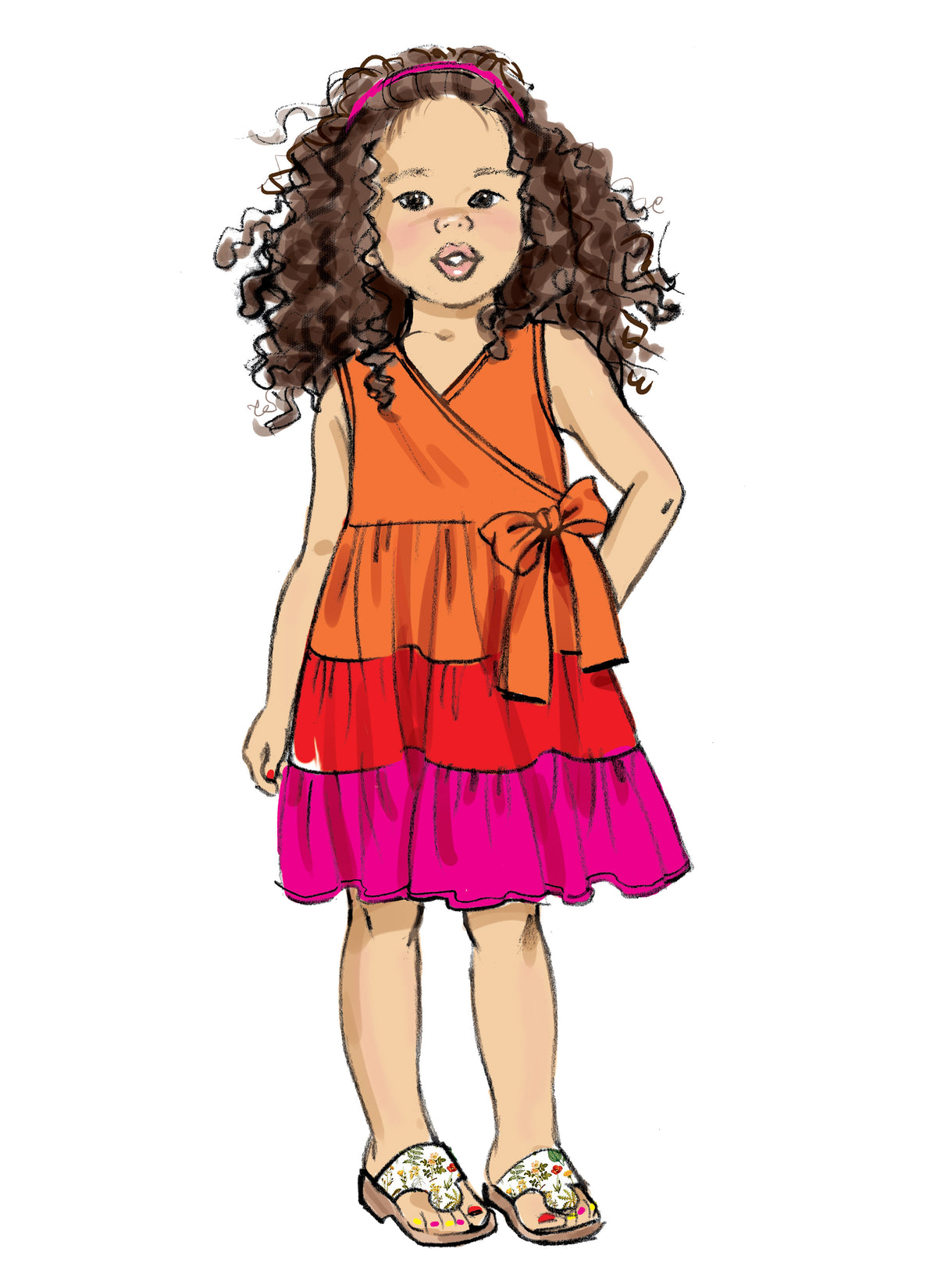 Butterick B6887 sewing pattern envelope showing children's faux wrap dress designs