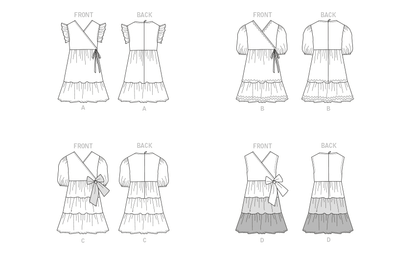 Butterick B6887 sewing pattern envelope showing children's faux wrap dress designs