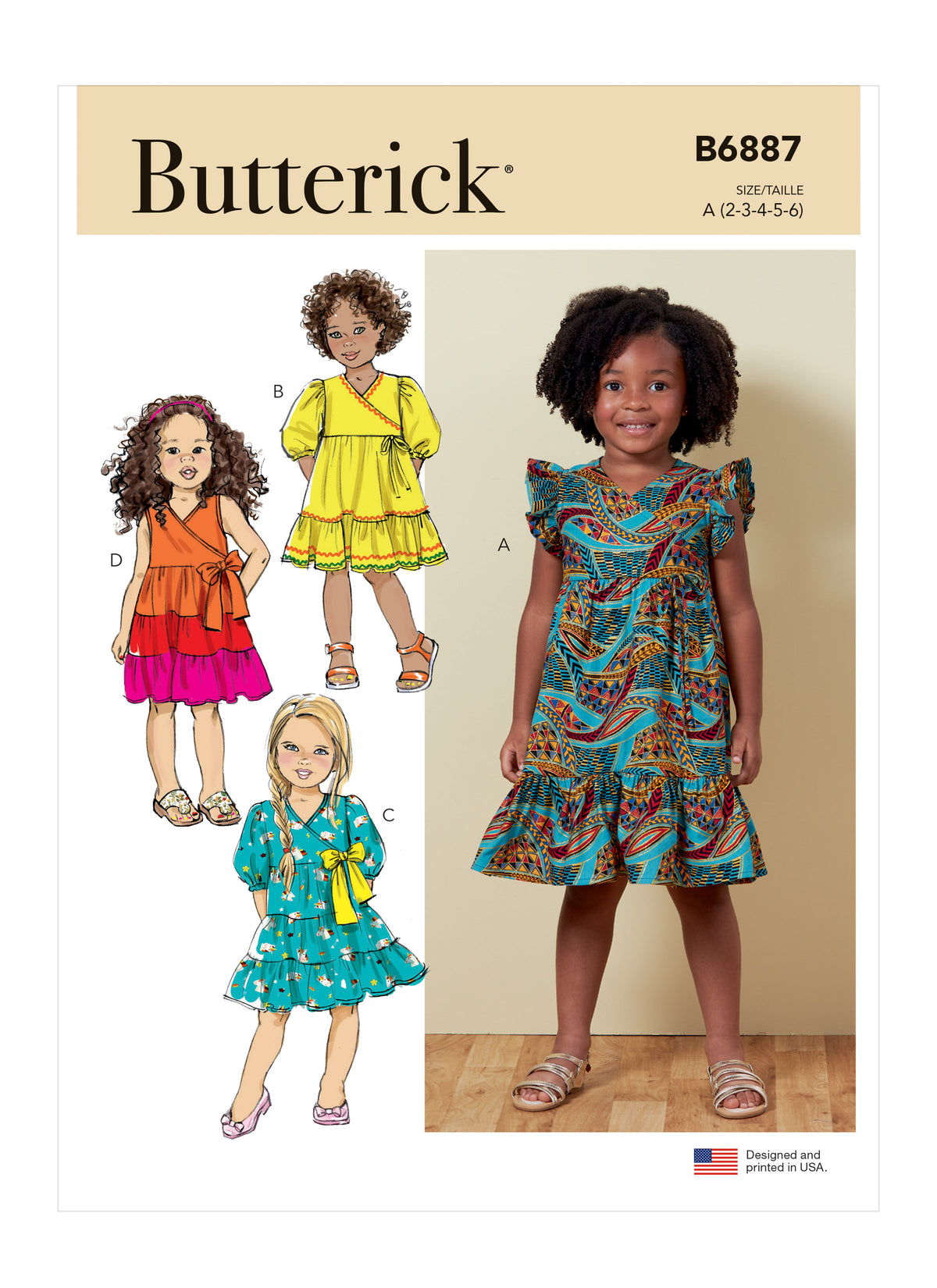 Butterick B6887 sewing pattern envelope showing children's faux wrap dress designs