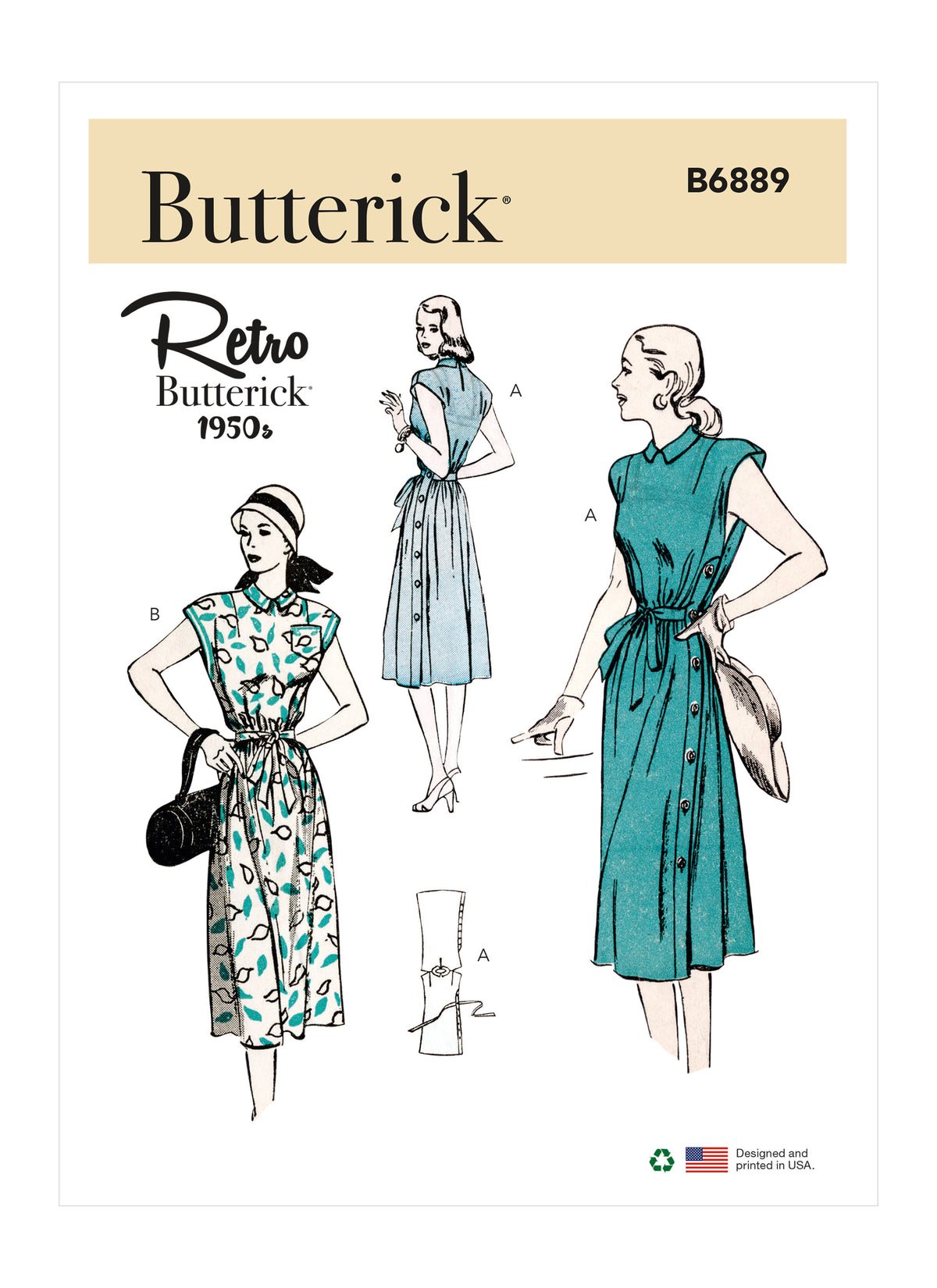 Butterick B6889 sewing pattern envelope showing misses' side button casual dress designs