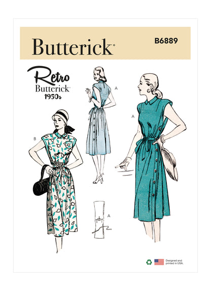 Butterick B6889 sewing pattern envelope showing misses' side button casual dress designs