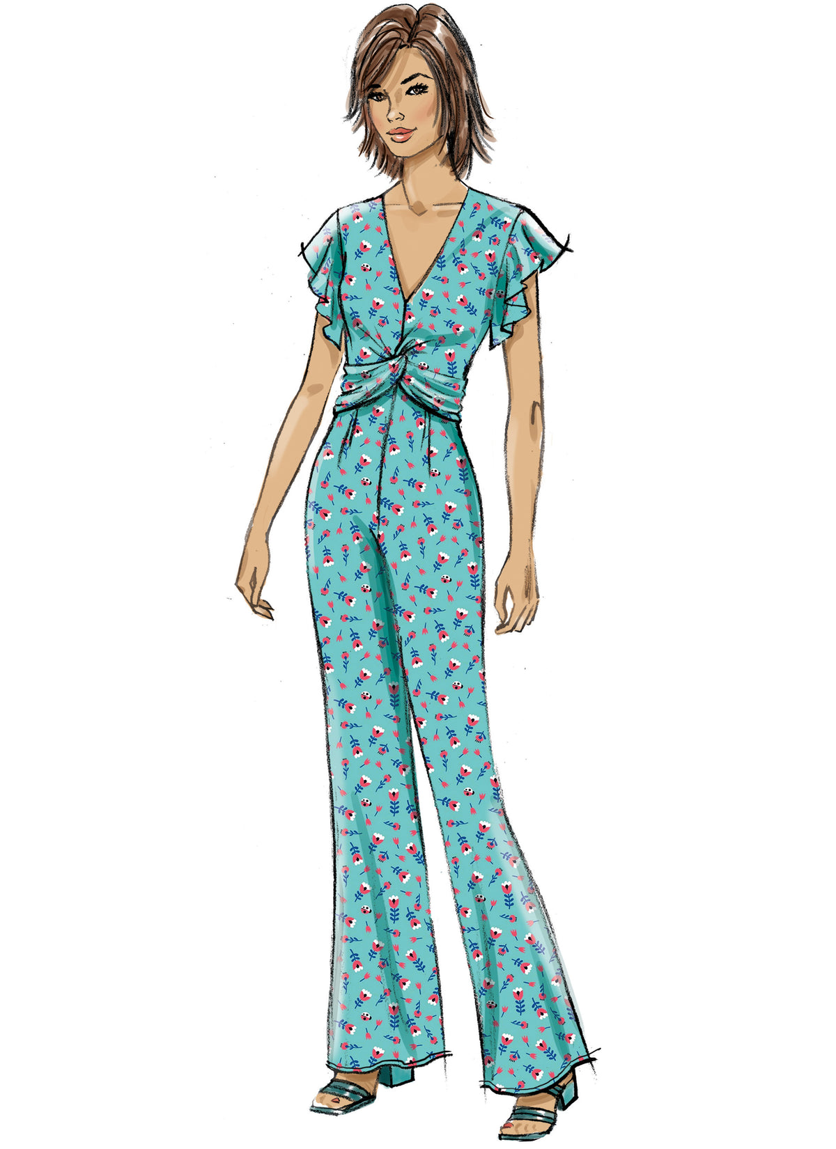 Butterick B6893 sewing pattern envelope showing misses' v-neck dress and jumpsuit designs