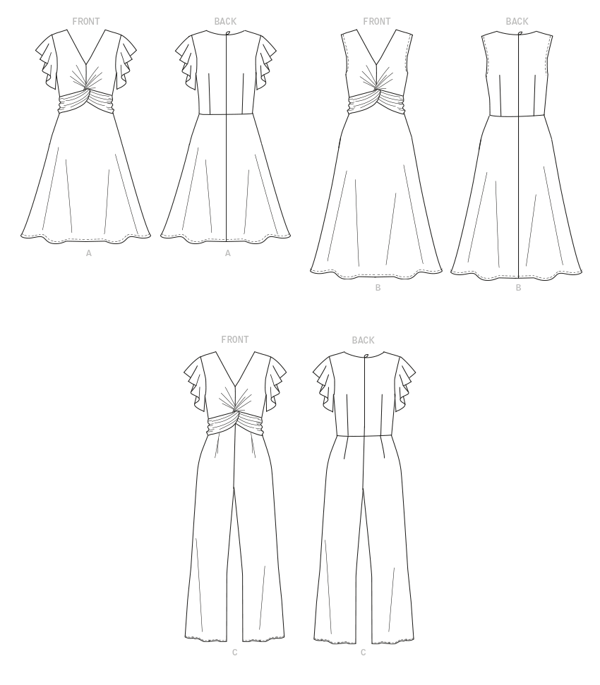 Butterick B6893 sewing pattern envelope showing misses' v-neck dress and jumpsuit designs
