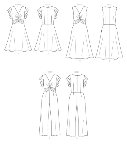 Butterick B6893 sewing pattern envelope showing misses' v-neck dress and jumpsuit designs