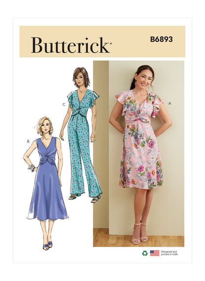 Butterick B6893 sewing pattern envelope showing misses' v-neck dress and jumpsuit designs