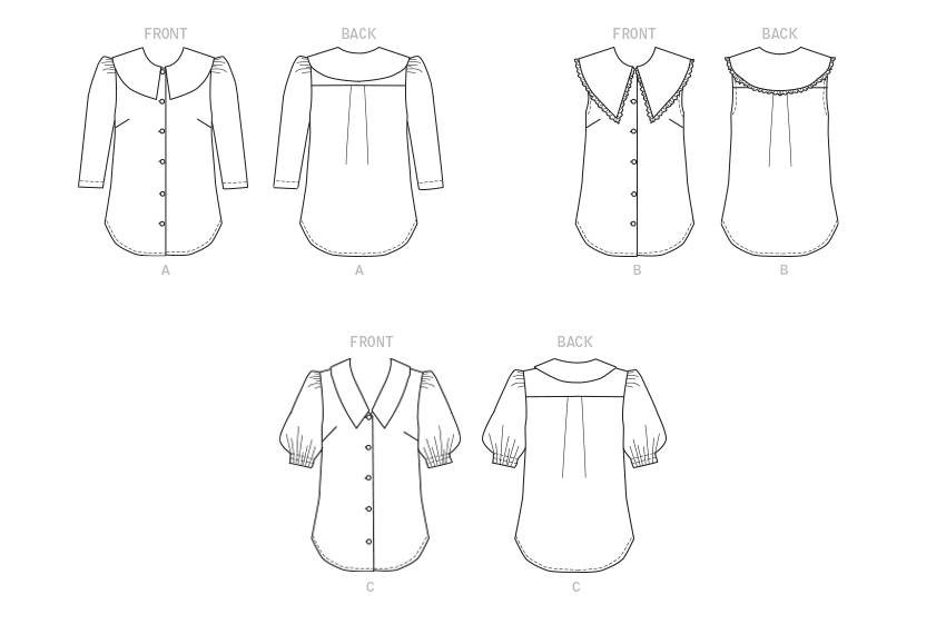 Butterick B6895 sewing pattern envelope showing misses' button front top designs