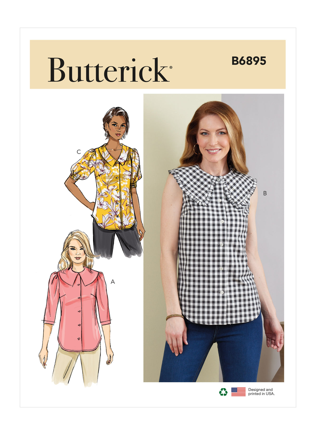 Butterick B6895 sewing pattern envelope showing misses' button front top designs