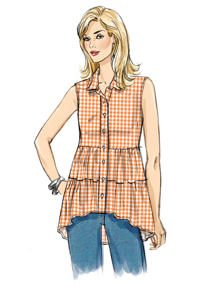Butterick B6897 sewing pattern envelope showing misses' tiered button front top designs