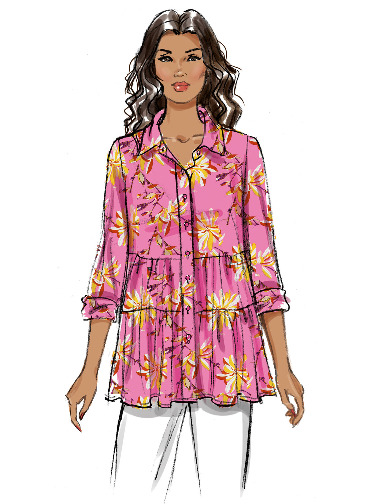 Butterick B6897 sewing pattern envelope showing misses' tiered button front top designs