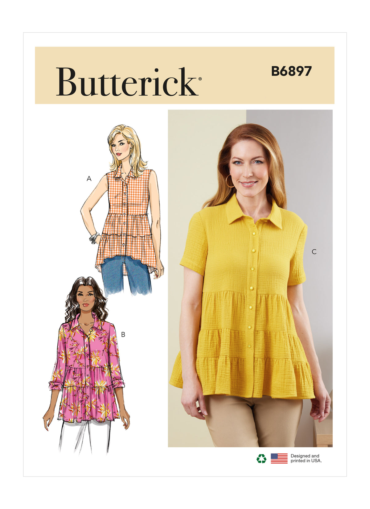 Butterick B6897 sewing pattern envelope showing misses' tiered button front top designs
