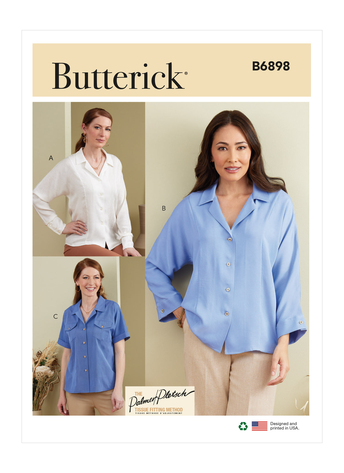 Butterick B6898 sewing pattern envelope showing the button front princess seam top designs