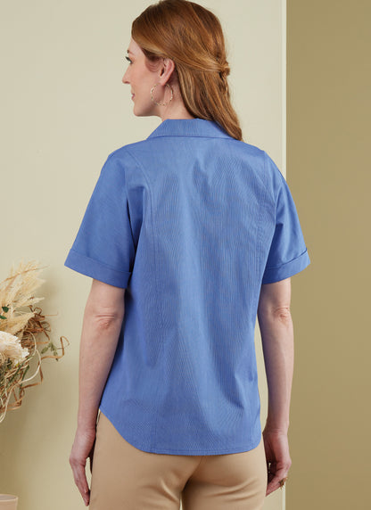 Butterick B6898 sewing pattern envelope showing the button front princess seam top designs