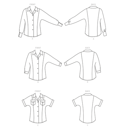 Butterick B6898 sewing pattern envelope showing the button front princess seam top designs