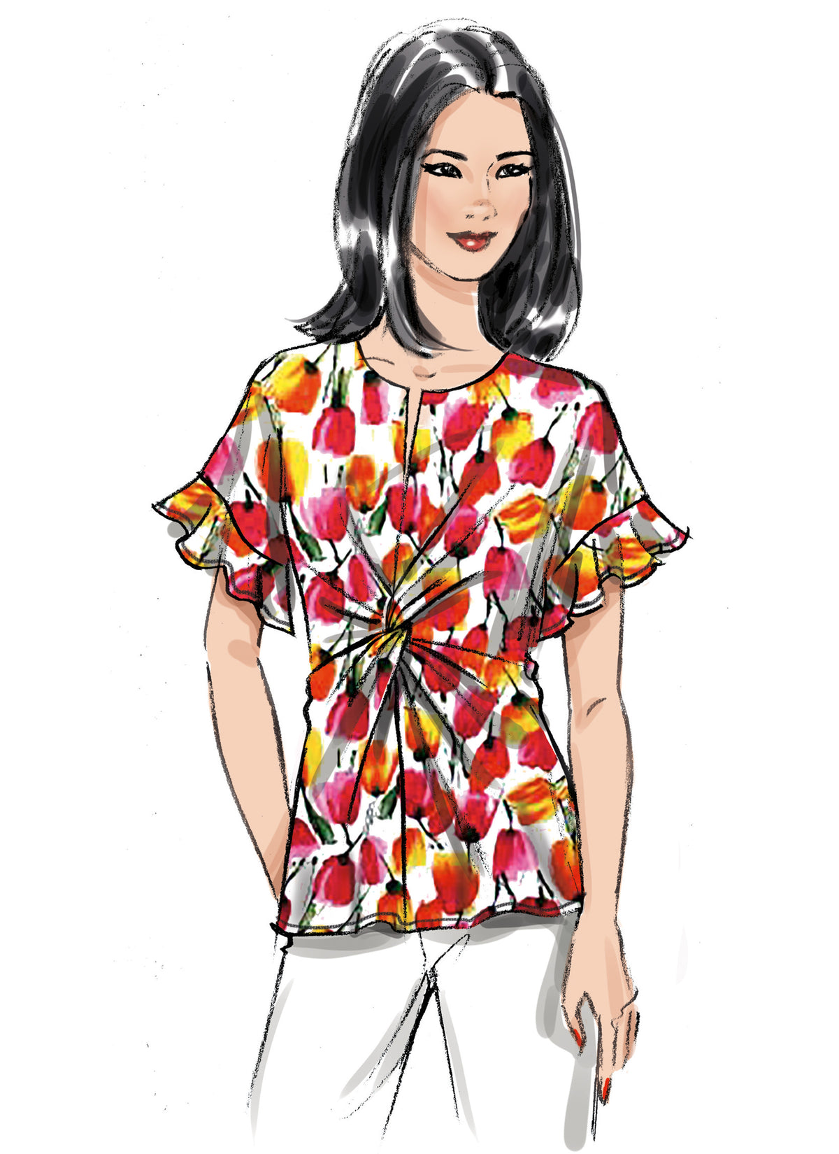 Butterick B6899 sewing pattern envelope showing the twist front short sleeve top designs