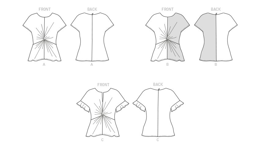 Butterick B6899 sewing pattern envelope showing the twist front short sleeve top designs