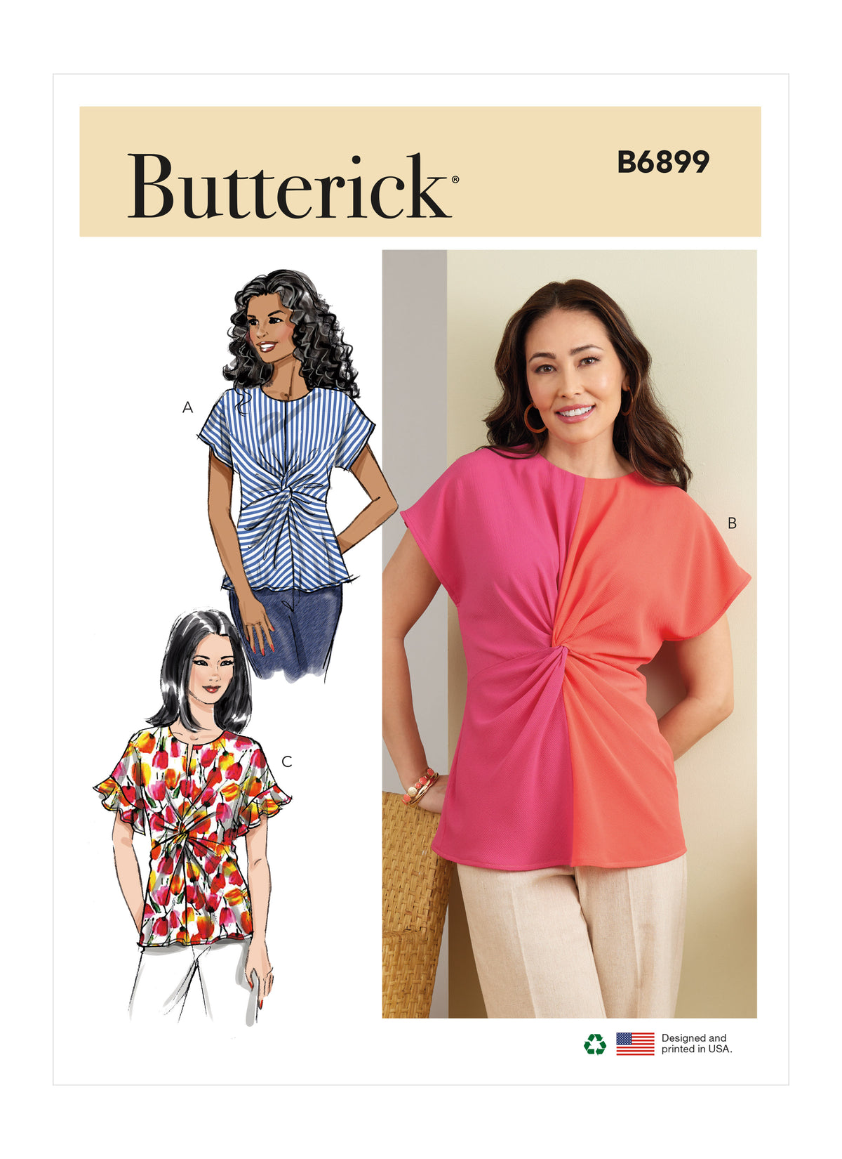 Butterick B6899 sewing pattern envelope showing the twist front short sleeve top designs