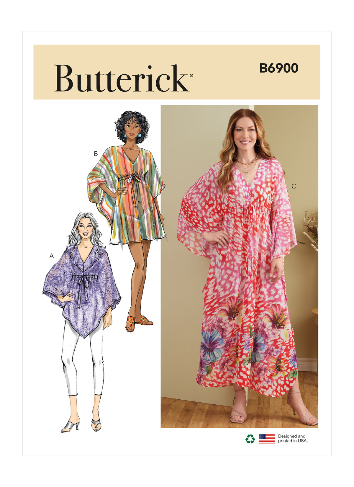 Butterick B6900 sewing pattern envelope showing the v-neck kaftan dress designs