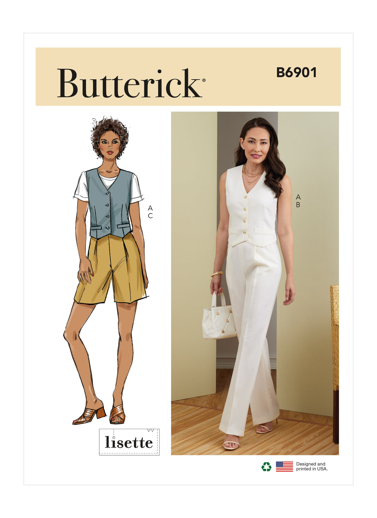 Butterick B6901 sewing pattern envelope showing the lined button front waistcoat designs
