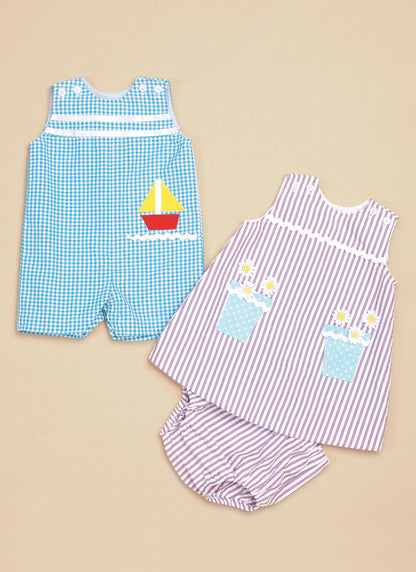Butterick B6905 sewing pattern envelope showing the baby overalls, dress and knickers designs
