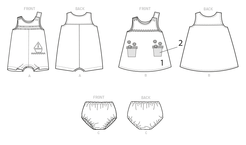 Butterick B6905 sewing pattern envelope showing the baby overalls, dress and knickers designs