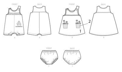 Butterick B6905 sewing pattern envelope showing the baby overalls, dress and knickers designs