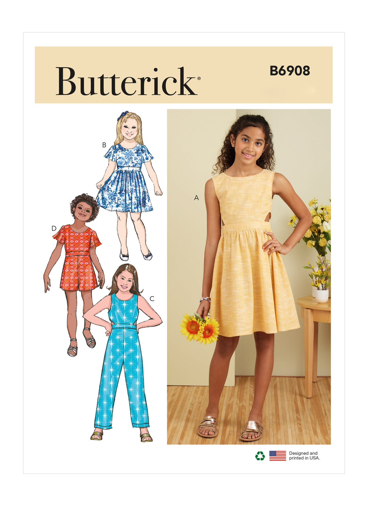 Butterick B6908 sewing pattern envelope showing the girls' full skirt dress designs