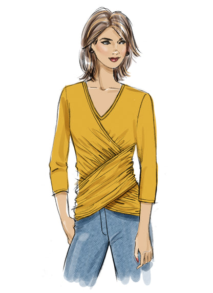 Butterick B6909 sewing pattern envelope showing the cross front knit top designs