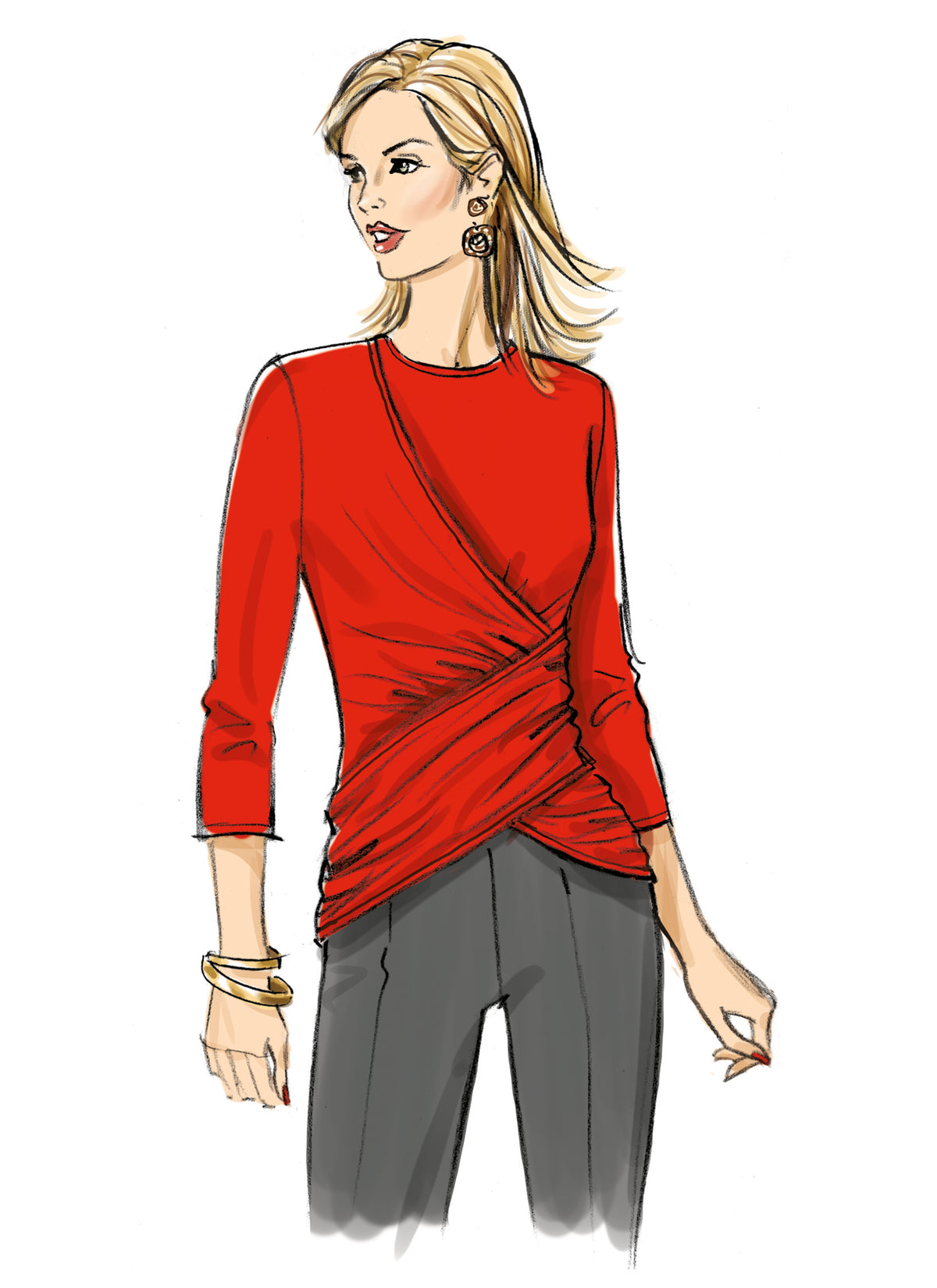 Butterick B6909 sewing pattern envelope showing the cross front knit top designs