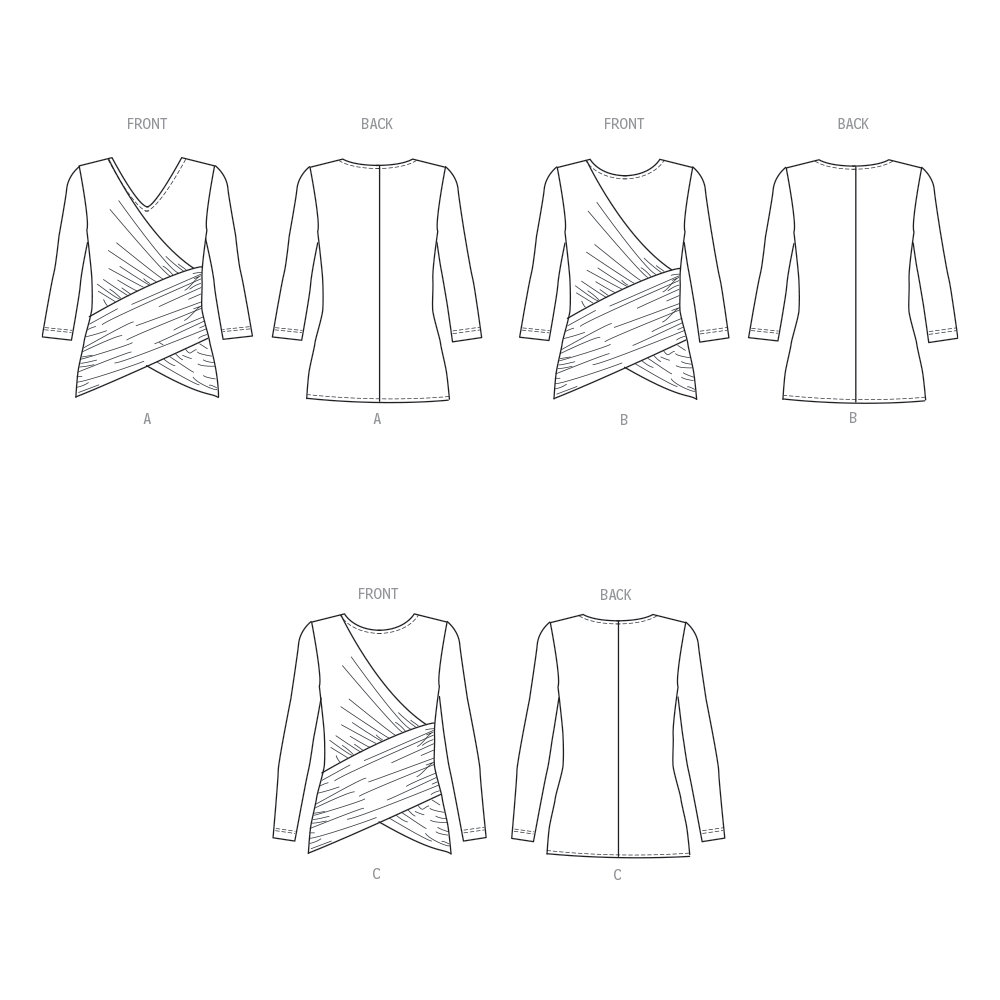 Butterick B6909 sewing pattern envelope showing the cross front knit top designs