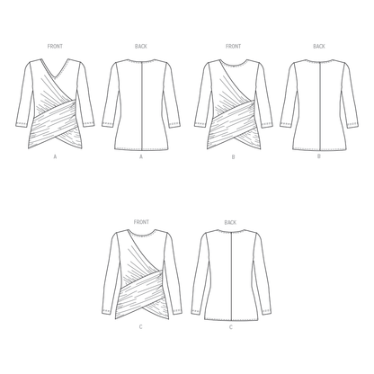 Butterick B6909 sewing pattern envelope showing the cross front knit top designs