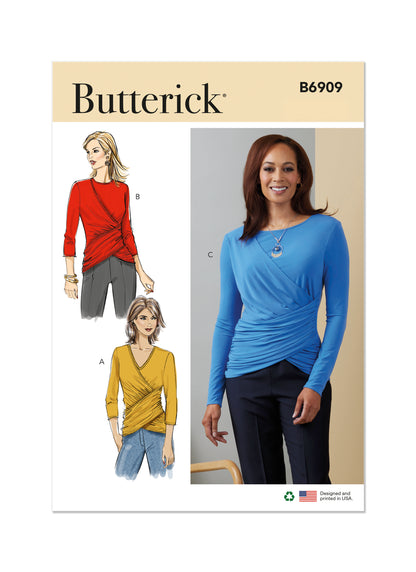 Butterick B6909 sewing pattern envelope showing the cross front knit top designs