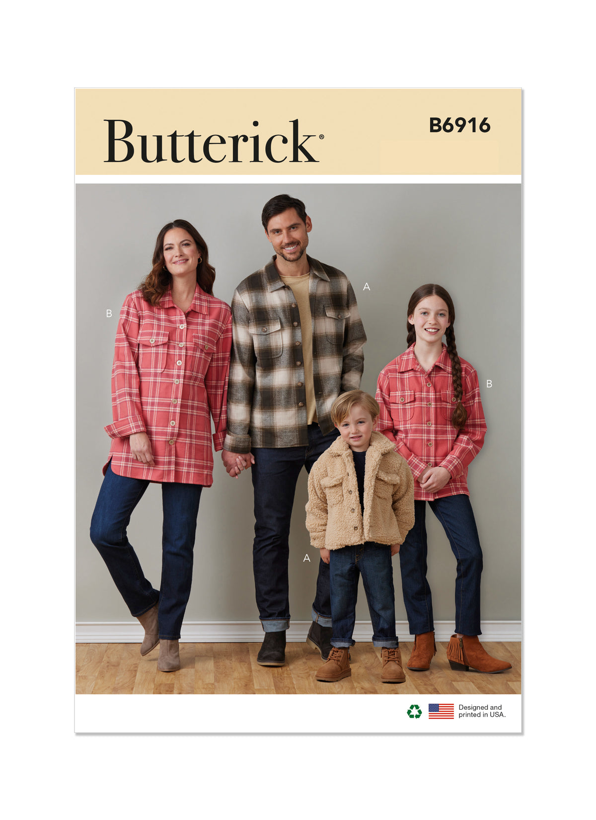 Butterick B6916 sewing pattern envelope showing the unisex shirt jacket designs