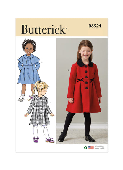 Butterick B6921 sewing pattern envelope showing the children's button front coat designs