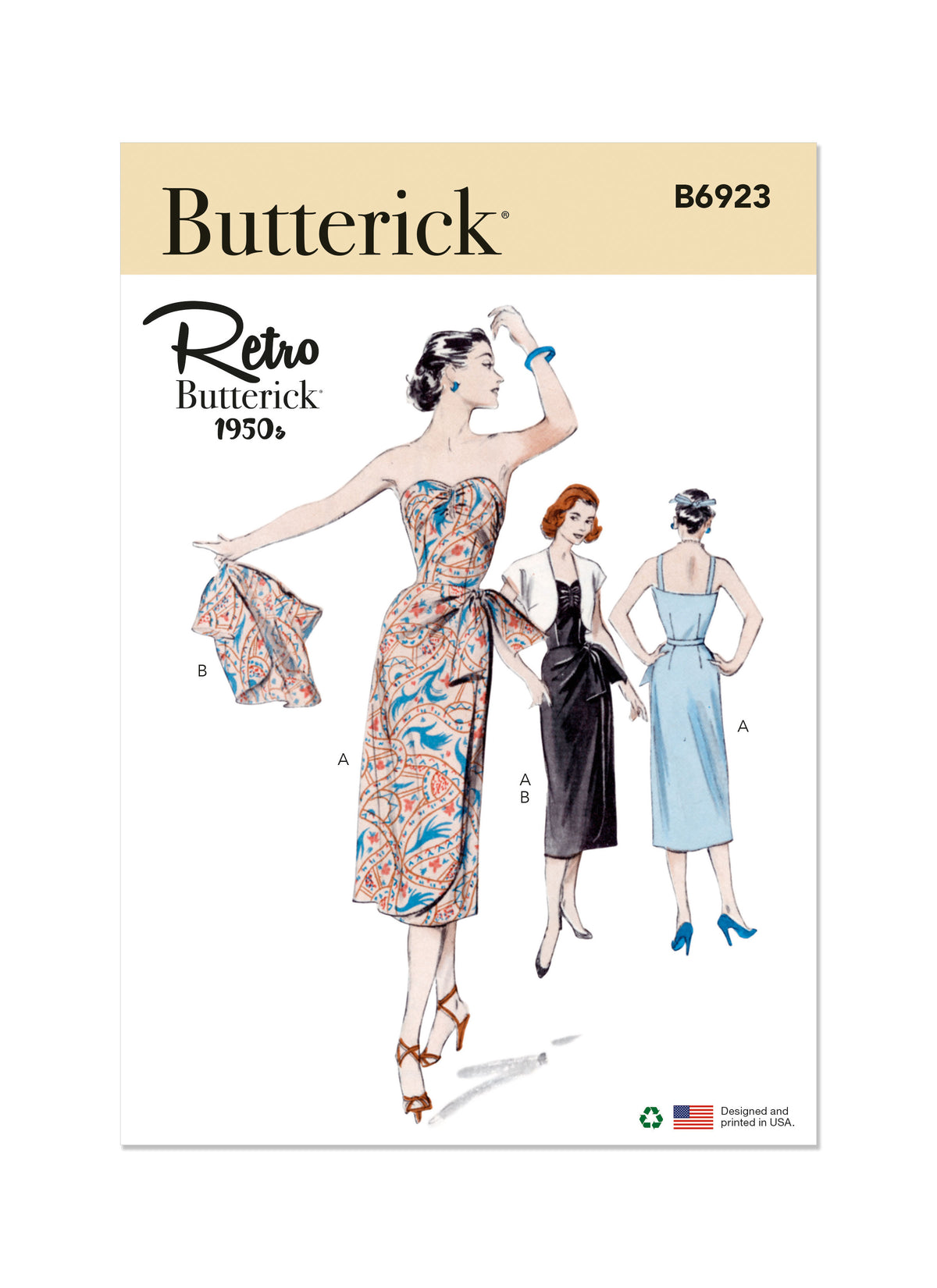 Butterick B6923 sewing pattern envelope showing the vintage 1950s dress and bolero designs