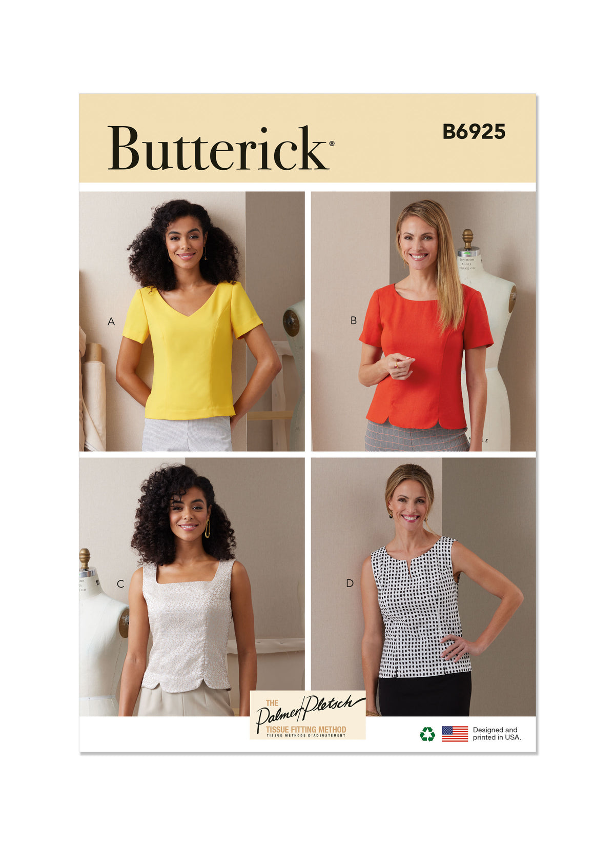 Butterick B6925 sewing pattern envelope showing the semi-fitted princess seam top designs