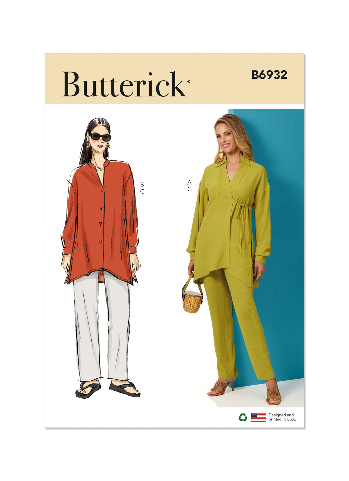 Butterick B6932 sewing pattern envelope showing the loose fit top designs