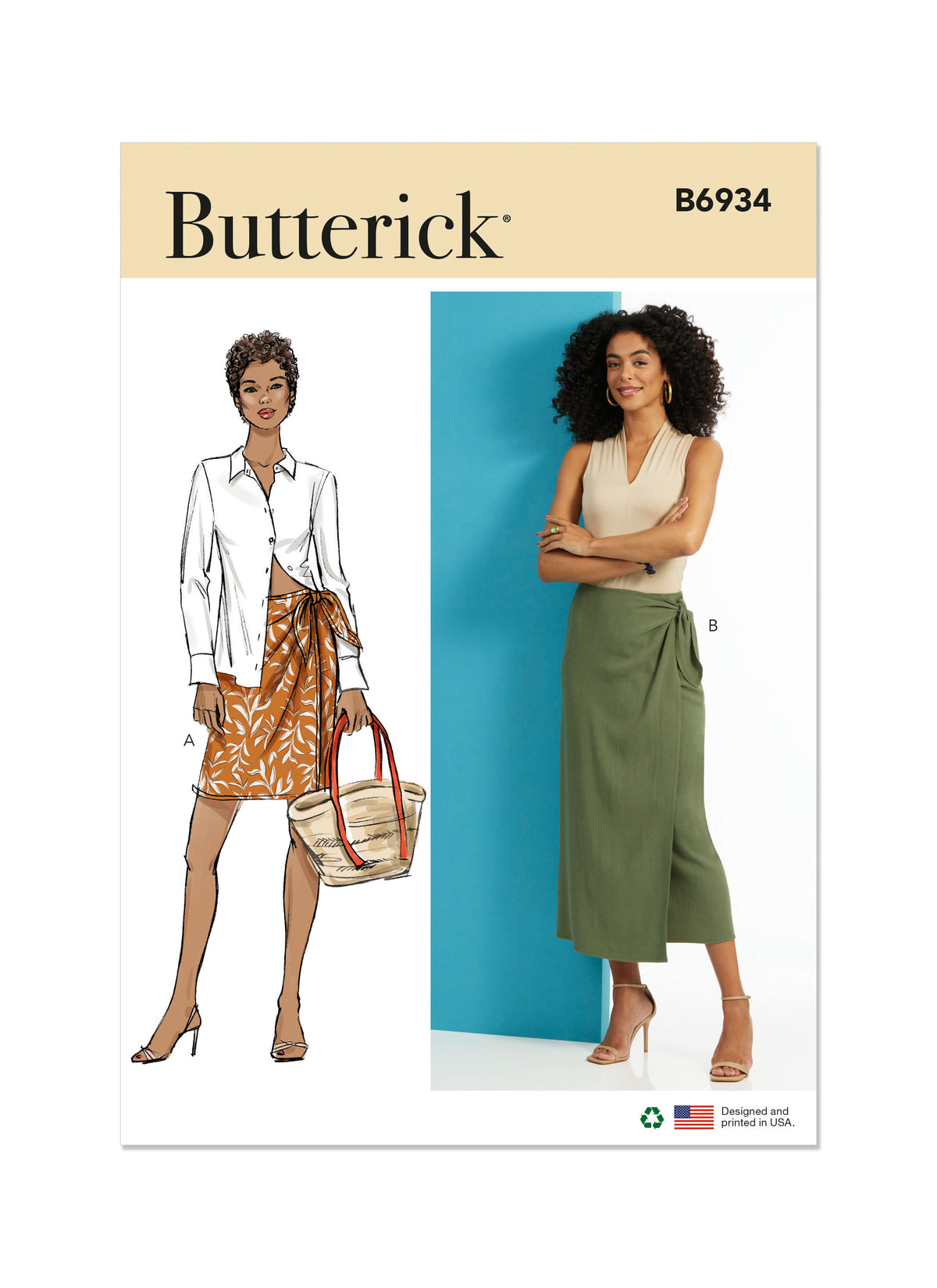 Butterick B6934 sewing pattern envelope showing the wrap skirt designs