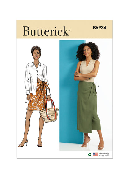 Butterick B6934 sewing pattern envelope showing the wrap skirt designs