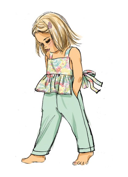 Butterick B6936 sewing pattern envelope showing the toddler overalls and dress designs