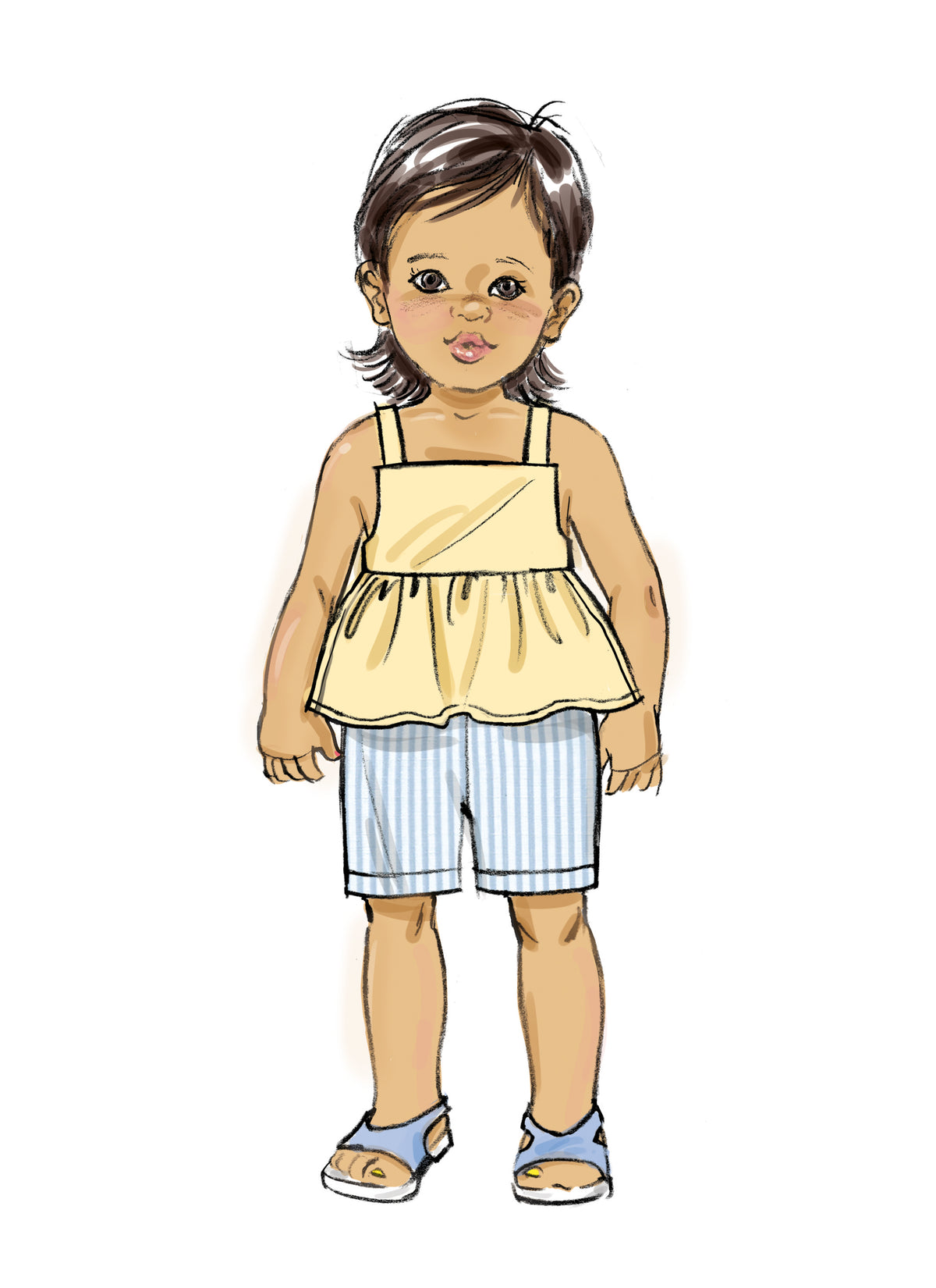 Butterick B6936 sewing pattern envelope showing the toddler overalls and dress designs