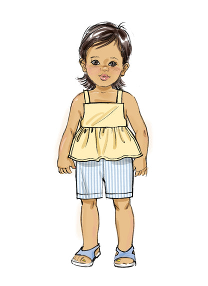 Butterick B6936 sewing pattern envelope showing the toddler overalls and dress designs