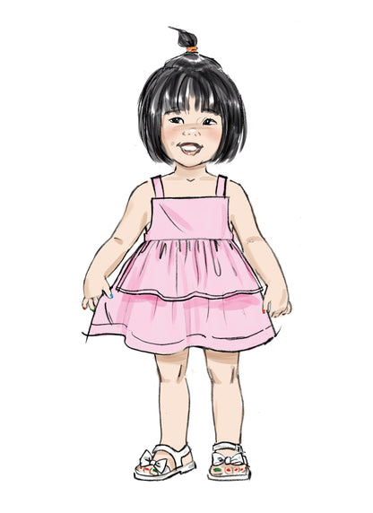 Butterick B6936 sewing pattern envelope showing the toddler overalls and dress designs
