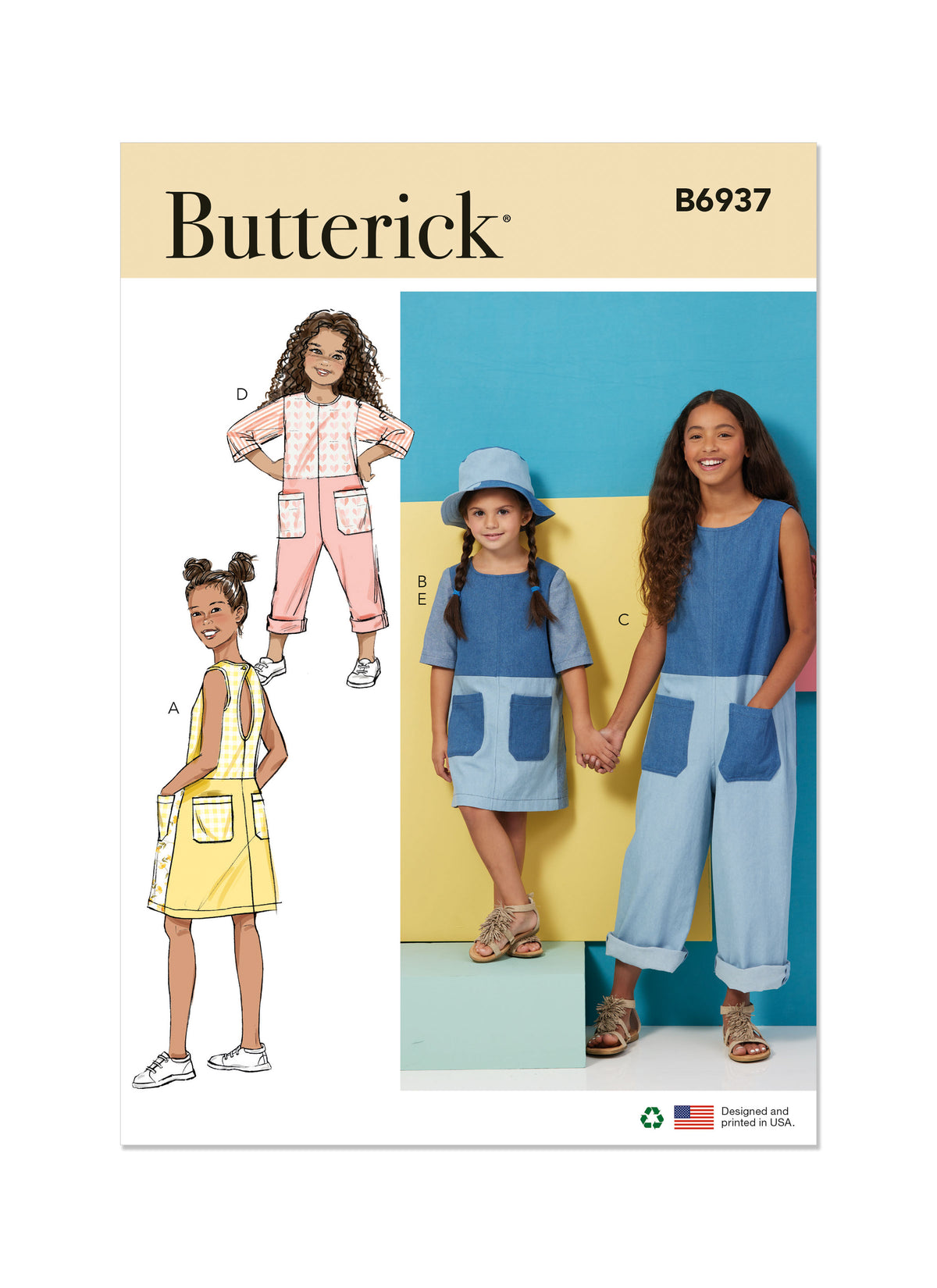 Butterick B6937 sewing pattern envelope showing the children's dress, romper and hat designs